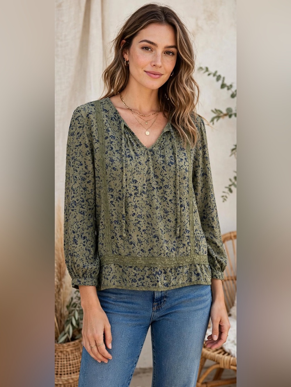 Lucky Brand Olive Navy Floral Lace V Neck Boho Tunic Top Large